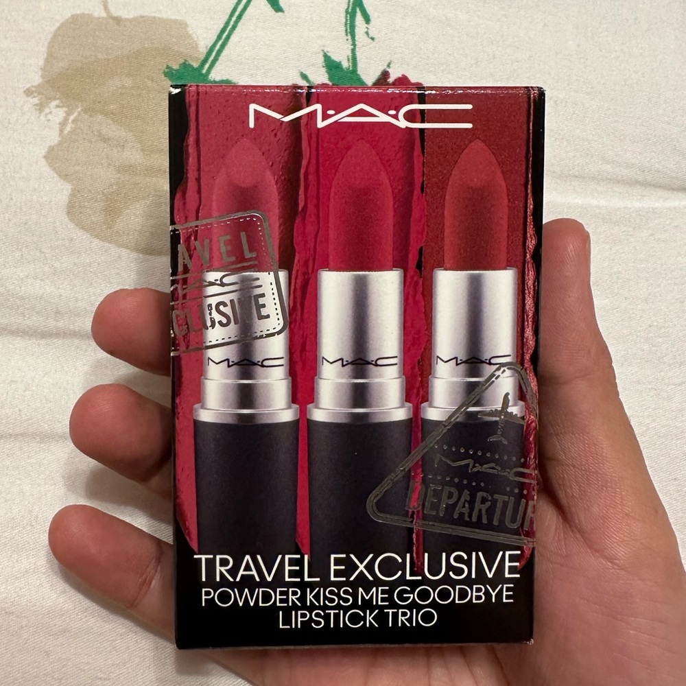 MAC brand new Travel exclusive powder kiss me, goodbye lipstick trio
